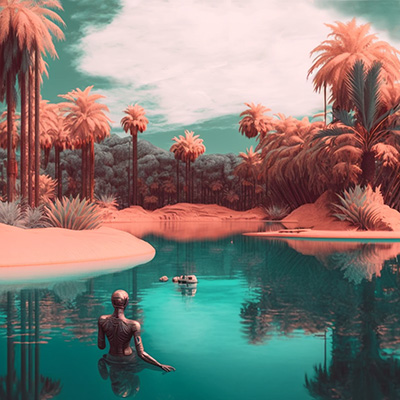 A figure in a turquoise pond surrounded by pink palm trees and beaches