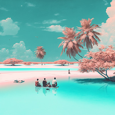 People sitting in shallow water surrounded by pink trees