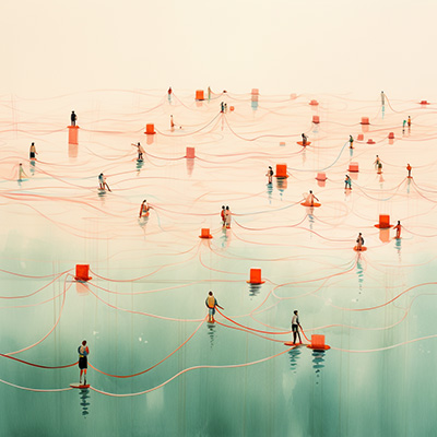 People and boxes connected by cables in a pool of shallow water