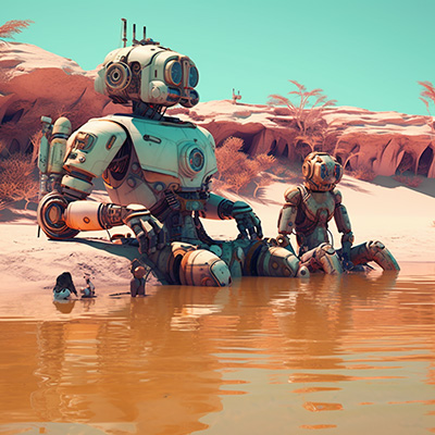 Two enormous robots sitting by the water