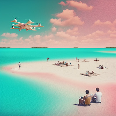 People sitting on a beach by the ocean, with a futuristic helicopter in the air