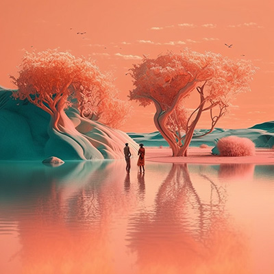 Two people standing in shallow water surrounded by trees at dusk