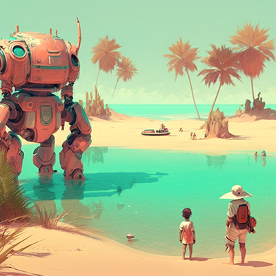 Two people standing at the edge of a pond watching an enourmous robot surrounded by pink palm trees