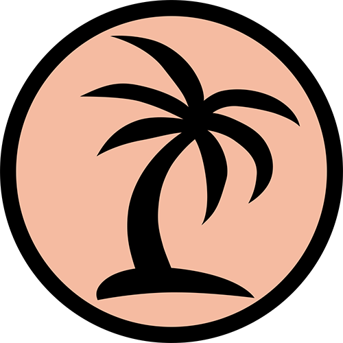 A black silhouette of a palm tree on a pink background with a black circle around it