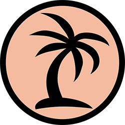 A black silhouette of a palm tree on a pink background with a black circle around it